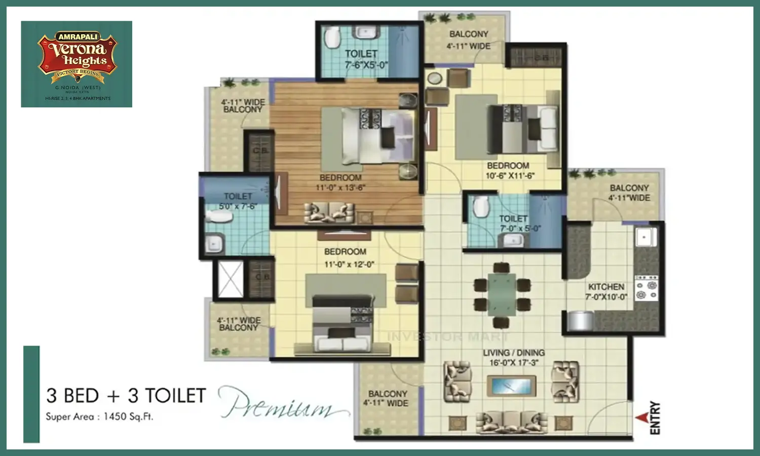 Complete 3D Interior & Cost Guide: Amrapali Verona Heights 1450 Sq. Ft. (3 BHK)